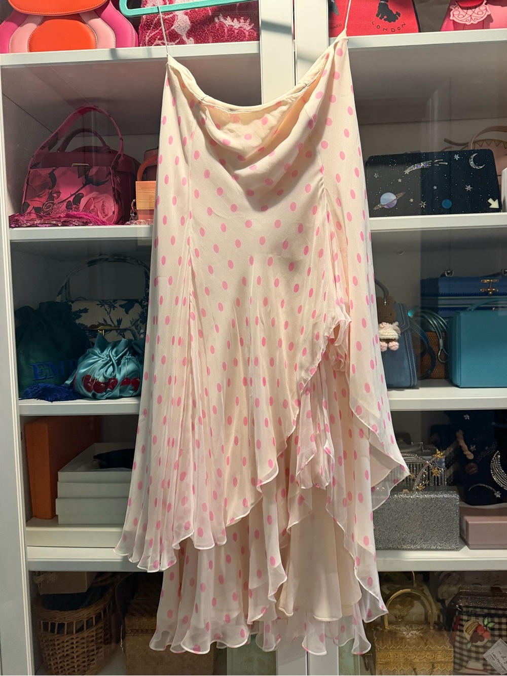 Ralph Lauren Black Label silk asymmetrical cream and pink polka dot skirt